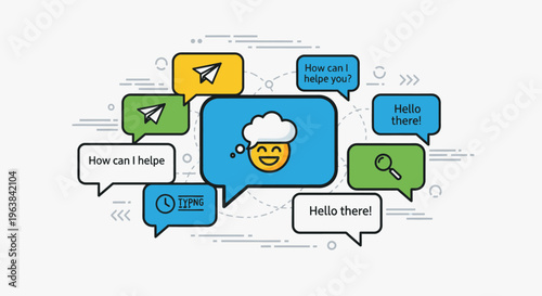 Colorful speech bubbles with smiling face.