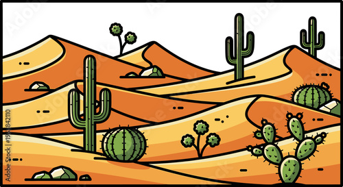 Desert landscape with green cacti plants.