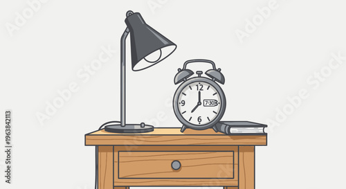 Desk with alarm clock and lamp.