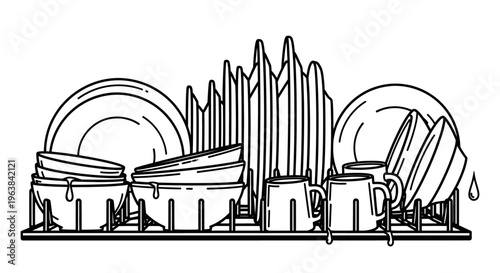 Dish rack with clean dishes.