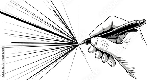 Hand holding a drawing pen creating lines 1.