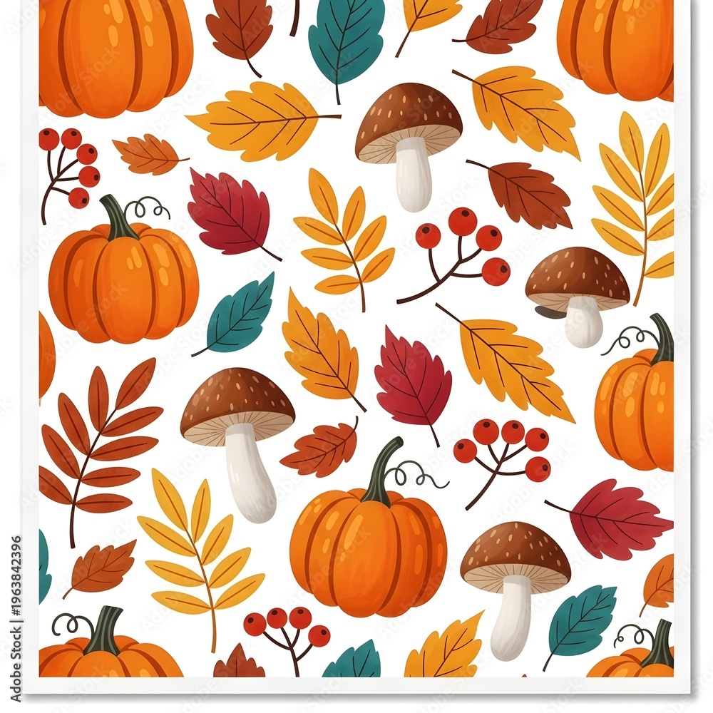 Fototapeta premium Whimsical fall pattern featuring pumpkins toadstools and colorful autumn foliage elements