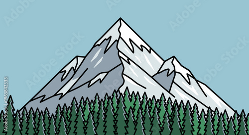 Snowy mountain peak with trees.