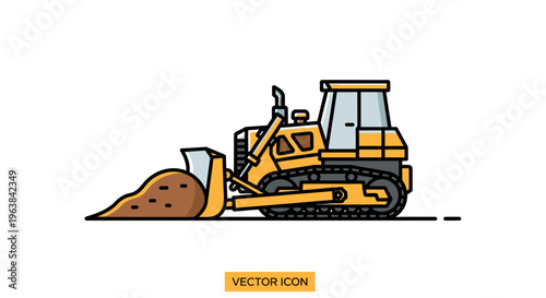 Yellow bulldozer with soil pile.