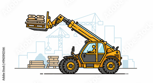 Yellow construction forklift with pallet.
