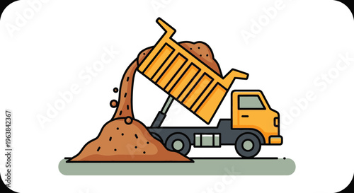 Yellow dump truck unloading brown dirt.