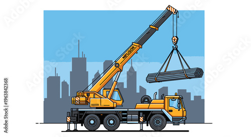 Yellow construction crane lifting heavy pipe.