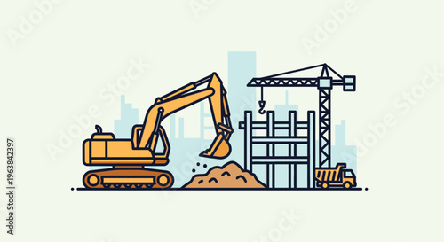 Yellow excavator digging construction site ground.