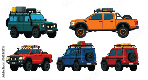 Colorful cartoon illustration of various off road vehicles with roof racks