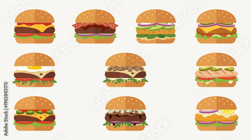 Assorted Burger Collection Vector Illustration of Various Burger Types.
