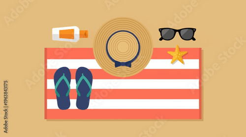 Beach Essentials Hat Towel FlipFlops Sunscreen and Sunglasses.
