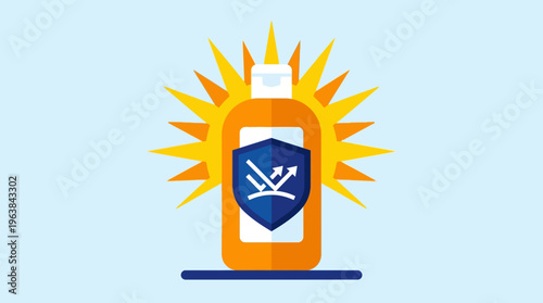 Sunscreen Bottle with Shield Icon and Sun Rays Illustration.