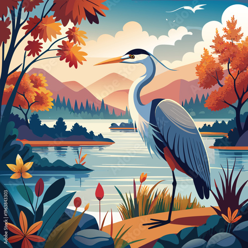 Elegant Heron Standing by a Misty Autumn Lake