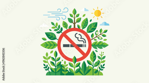 No Smoking Symbol Surrounded by Green Leaves and Plants.
