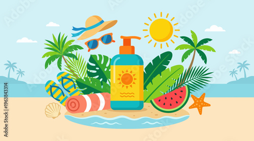 Sunscreen bottle with summer beach accessories illustration.