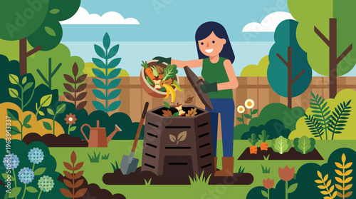 Woman composting organic waste in garden for sustainable living.
