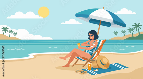 Woman Relaxing on Beach Chair Under Umbrella Illustration.