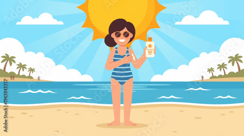 Woman in Swimsuit Holding Sunscreen Lotion on Beach.