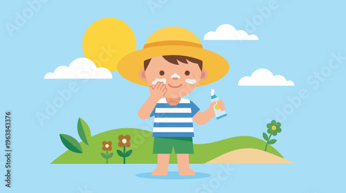 Young Boy Applying Sunscreen on Face for Protection.