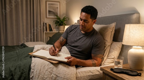 Man writing in a bedtime journal in a calm lamp lit bedroom for