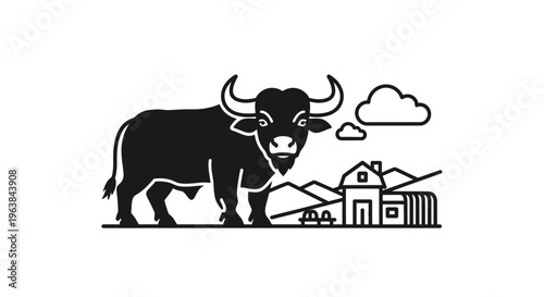 Black bull with big horns standing.