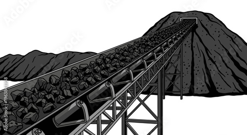 Coal conveyor belt in industrial setting.