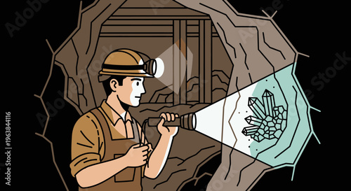Man wearing mining helmet shining light.