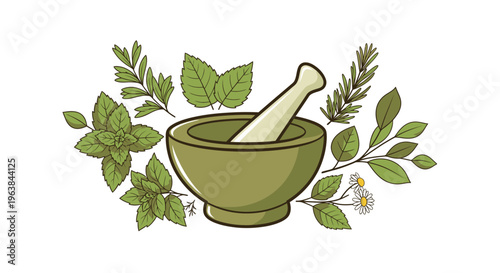 Mortar and pestle with green leaves.