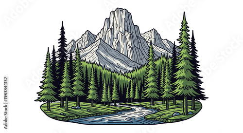 Mountain peak with pine trees landscape.