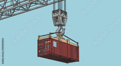 Red shipping container being lifted high.