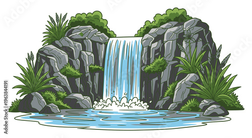 Waterfall flowing down rocky cliffside outdoors.