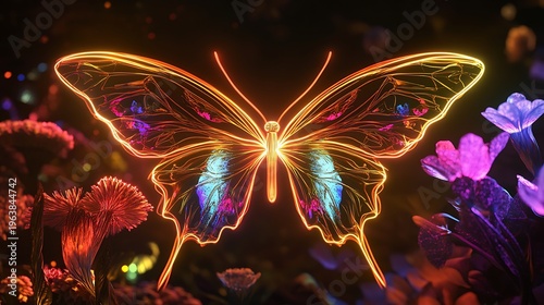 Glowing butterfly with radiant wings amidst vibrant floral background