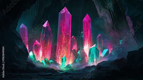Glowing crystal formations in dark cave illustrative digital art