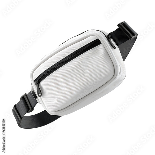 A fanny pack with a black strap and white body lies on a plain surface.