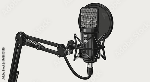 Black studio condenser microphone with pop filter.