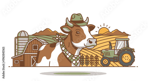 Brown and white cow wearing hat.