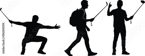 selfie people silhouettes set, smartphone photography poses, travel vlogger characters, modern lifestyle social media concept, selfie stick users, vector illustration collection