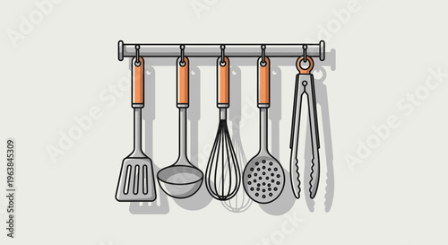 Kitchen utensils hanging on rack.