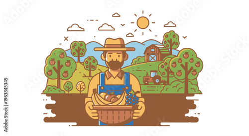 Man in blue overalls holding basket.