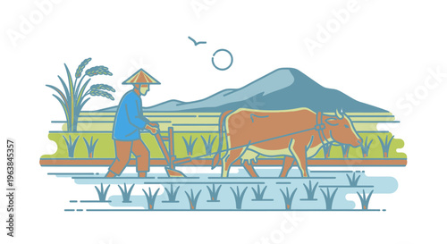 Man Plowing Field With Brown Cow 2.