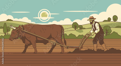 Man plowing field with brown oxen.