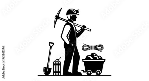 Man wearing mining uniform standing with pickaxe.