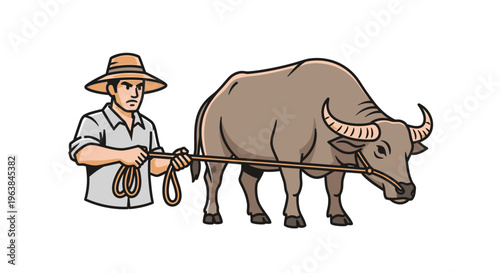 Man leading a large brown bull.
