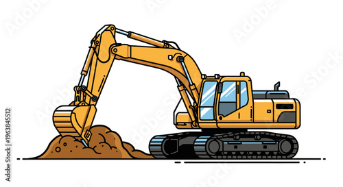Yellow excavator digging into dirt pile 2.
