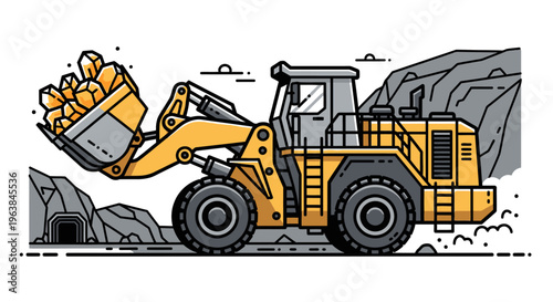 Yellow wheel loader machine lifting rocks.