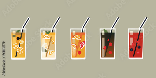 A colorful collection of refreshing summer drinks in tall glasses