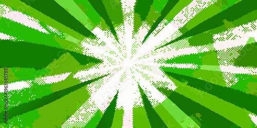 Abstract burst of green and white pixelated rays emanating from center