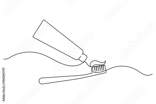 Toothpaste being squeezed onto a toothbrush in continuous one line drawing style on white