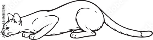 Savannah cat crouching ready to pounce line art illustration black and white feline hunting pose