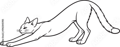 Savannah cat stretching forward line art illustration black and white feline stretch pose side view